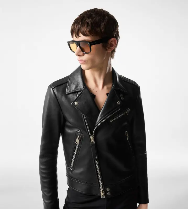 GRAIN LEATHER ASYMMETRIC BIKER BLACK online